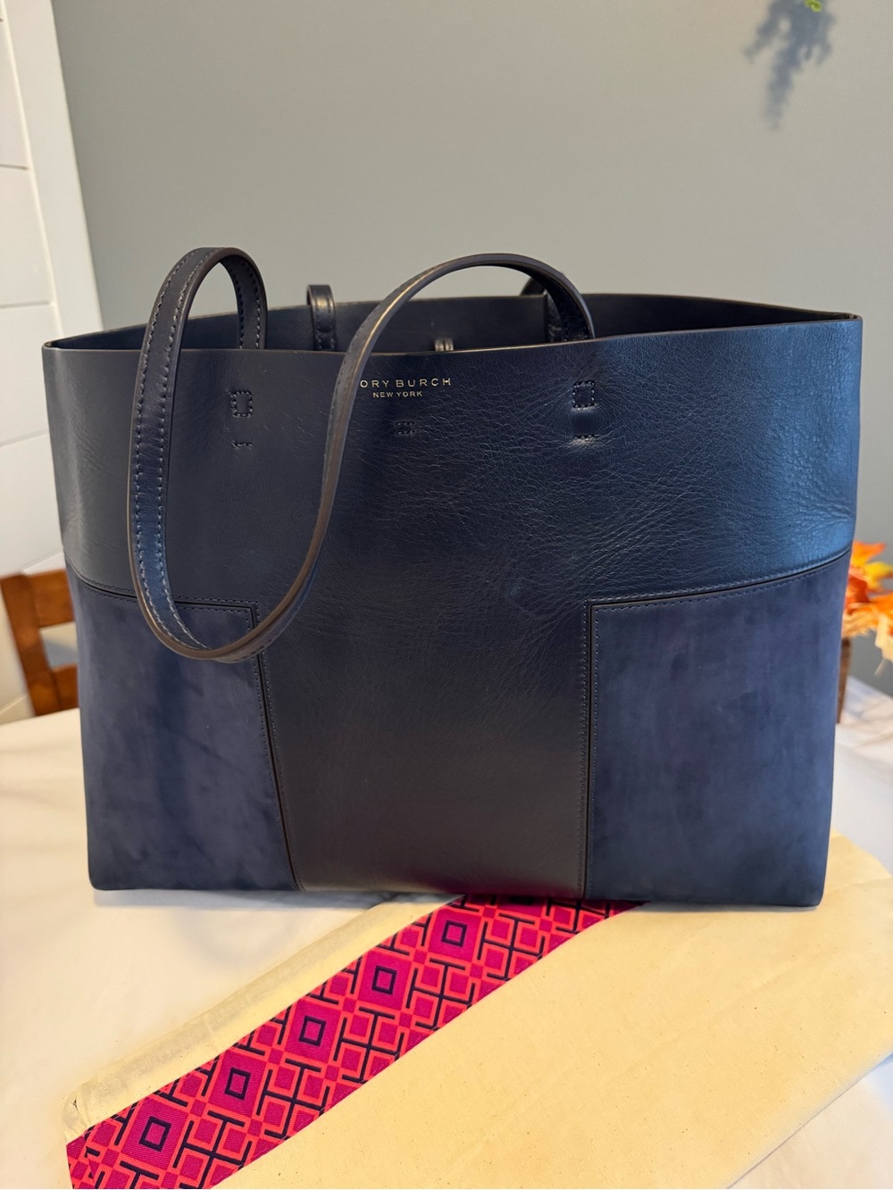 Tory Burch Block-T Medium Tote True Navy Leather Suede + Dust Bag